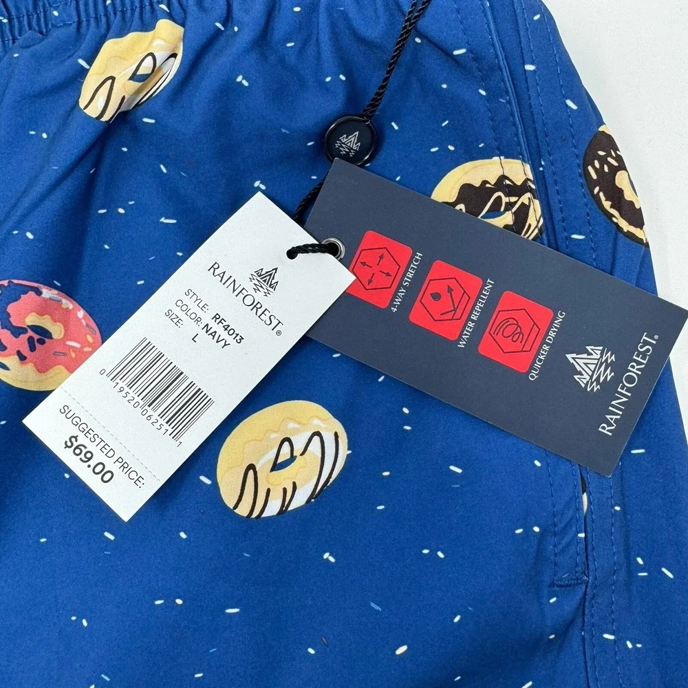 RAINFOREST Men's Donut Swim Trunks Large Navy Blue Y2K Retro Fun Summer Vacation